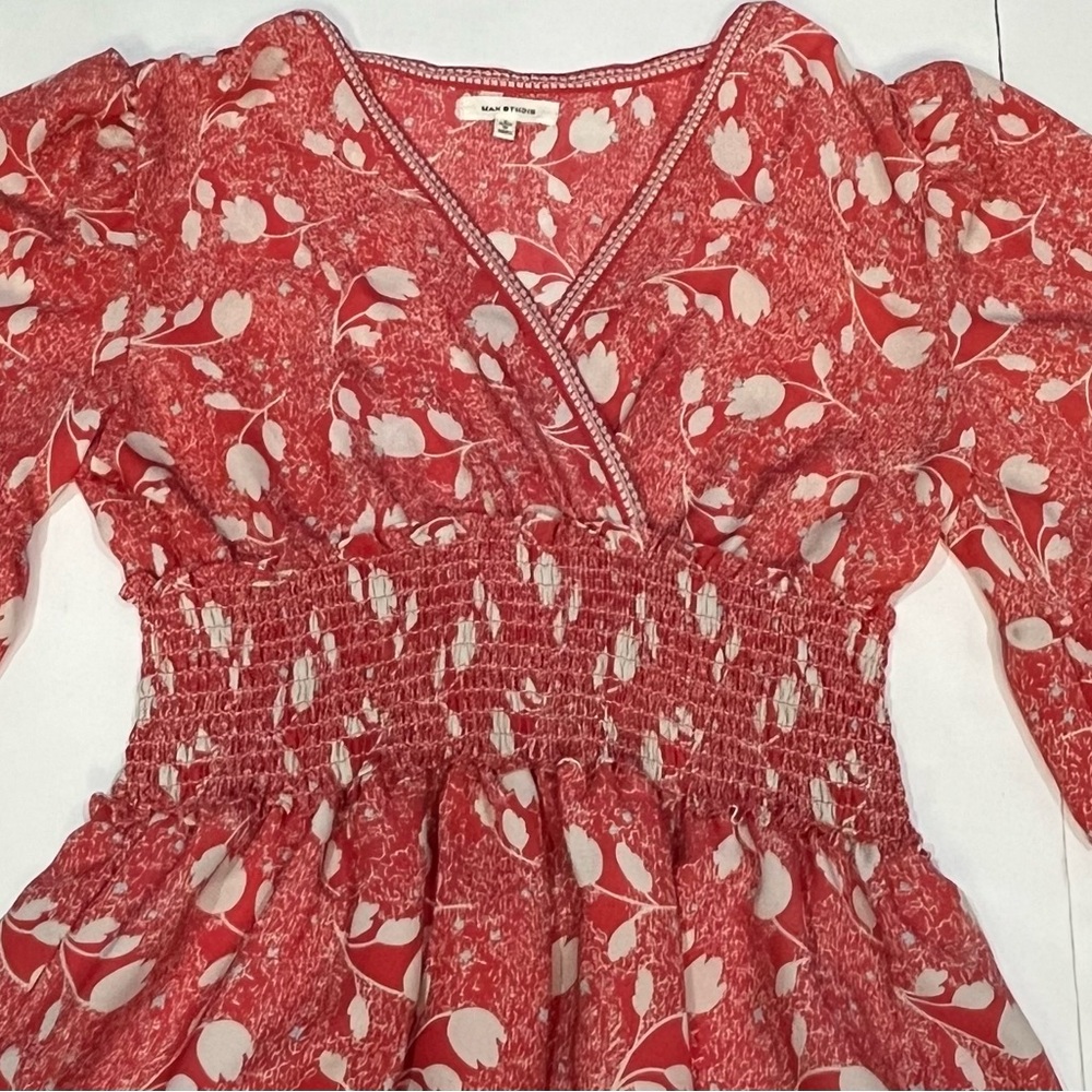Max Studio Red Floral Smocked Fit Flare Dress Flutter Sleeve Women Small 9912D52 - Picture 5 of 16